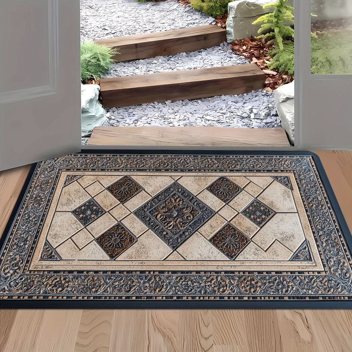 Machine Washable Geometric Border Entryway Mat | 3 Sizes 15.75-47.24 In