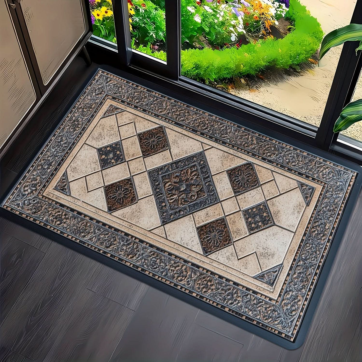 Machine Washable Geometric Border Entryway Mat | 3 Sizes 15.75-47.24 In