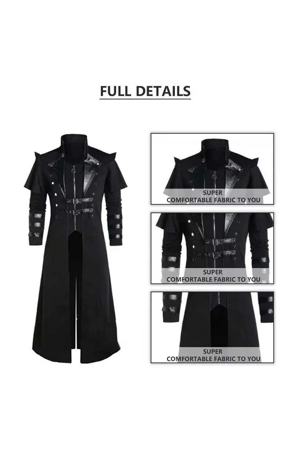 Men's Gothic Victorian Halloween Jacket | Polyester with Lining, Faux Leather Trim and 2 Inner Pockets | Black or Gray, S to 5XL