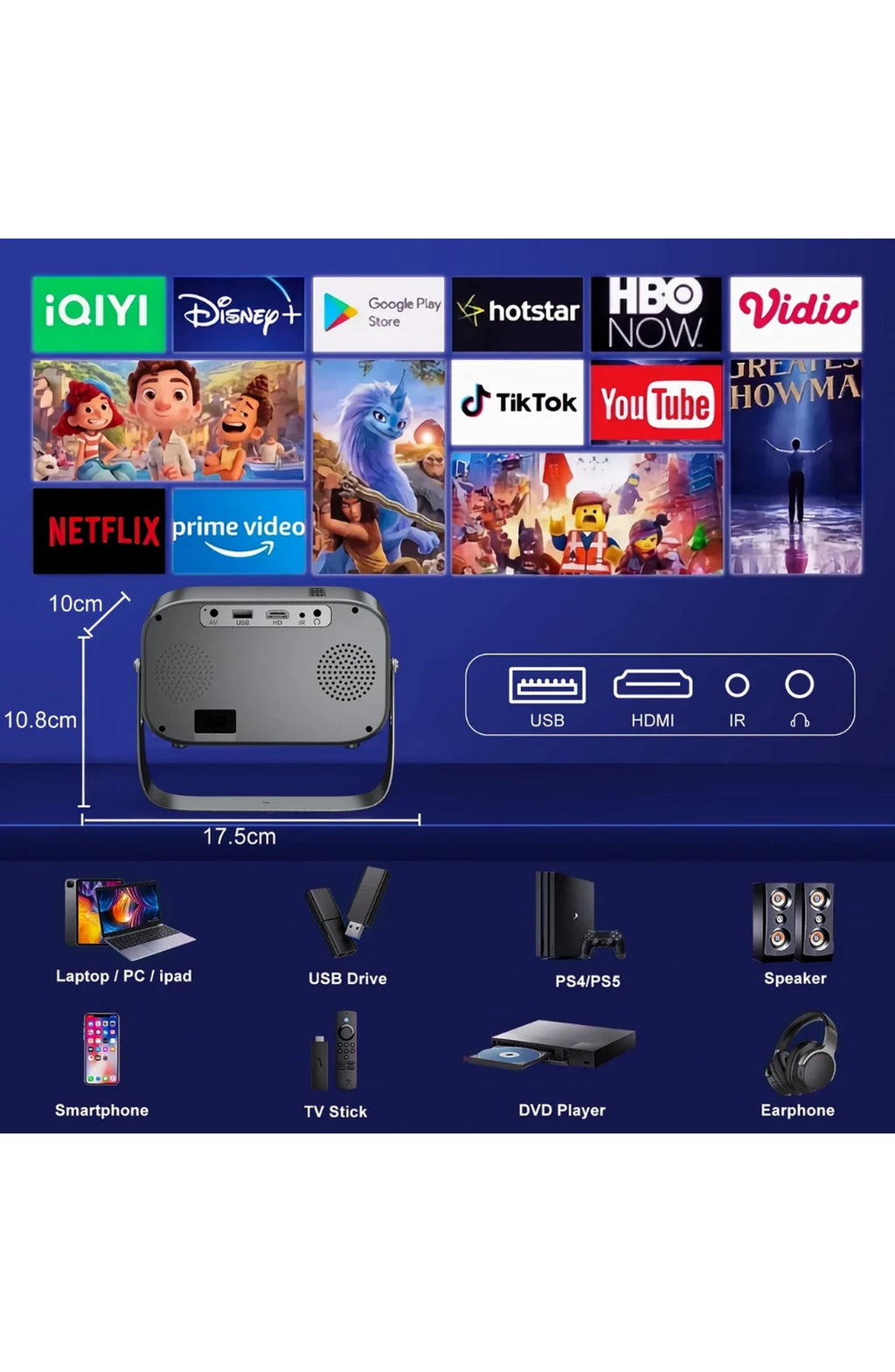 Mini Projector with WiFi and Bluetooth, 4K Input - view 3