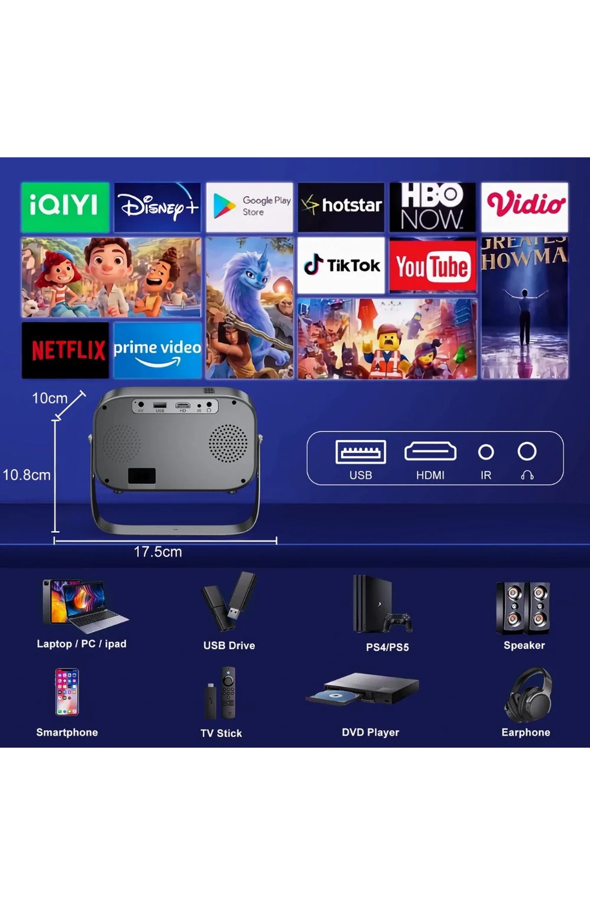 Mini Projector with WiFi and Bluetooth, 4K Input - view 3