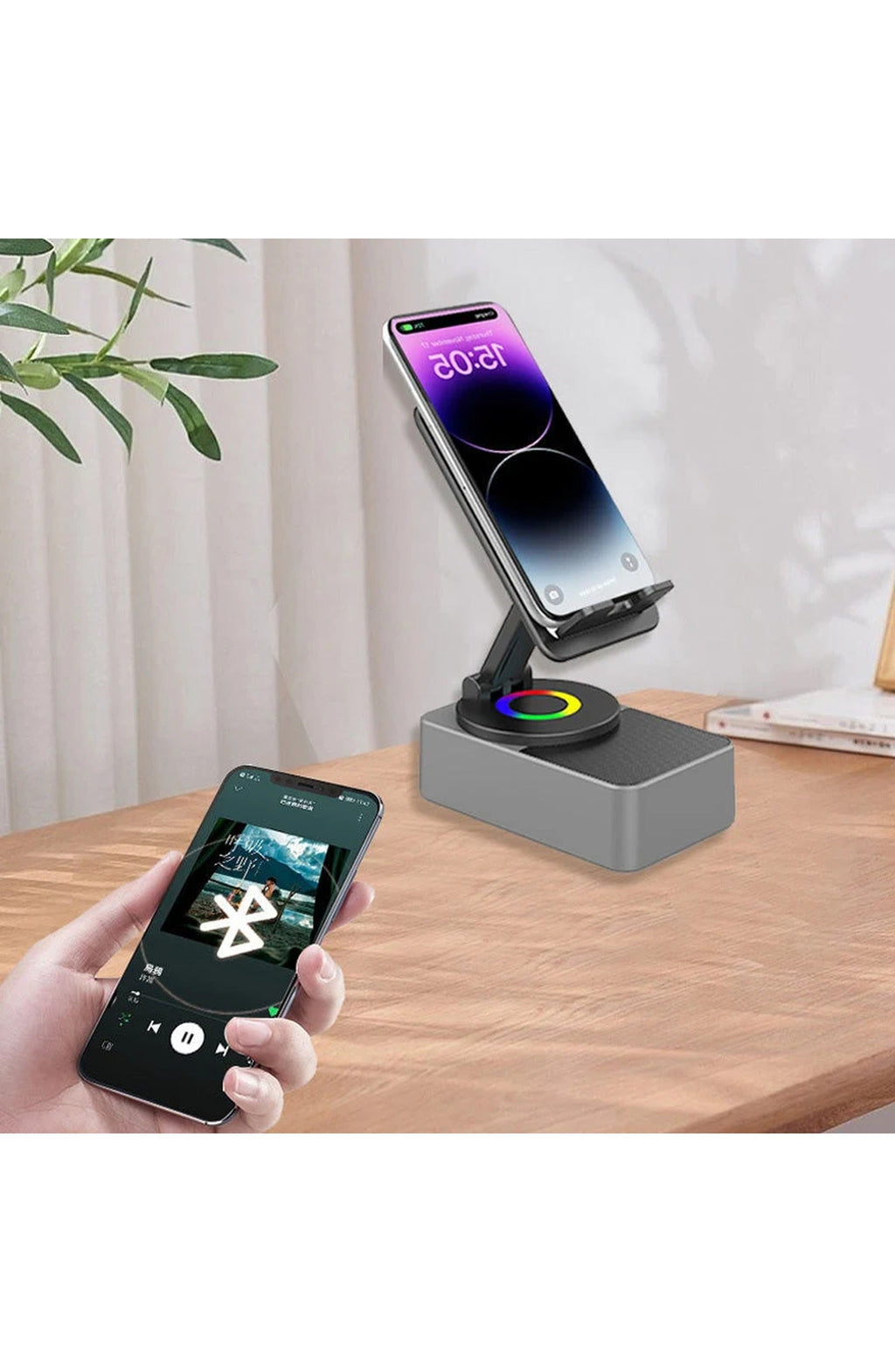 Phone Stand with Bluetooth 5.0 Speaker and Power Bank | 360 Degree Rotating Holder, 1200 mAh for About 5 Hours | Grey or Black