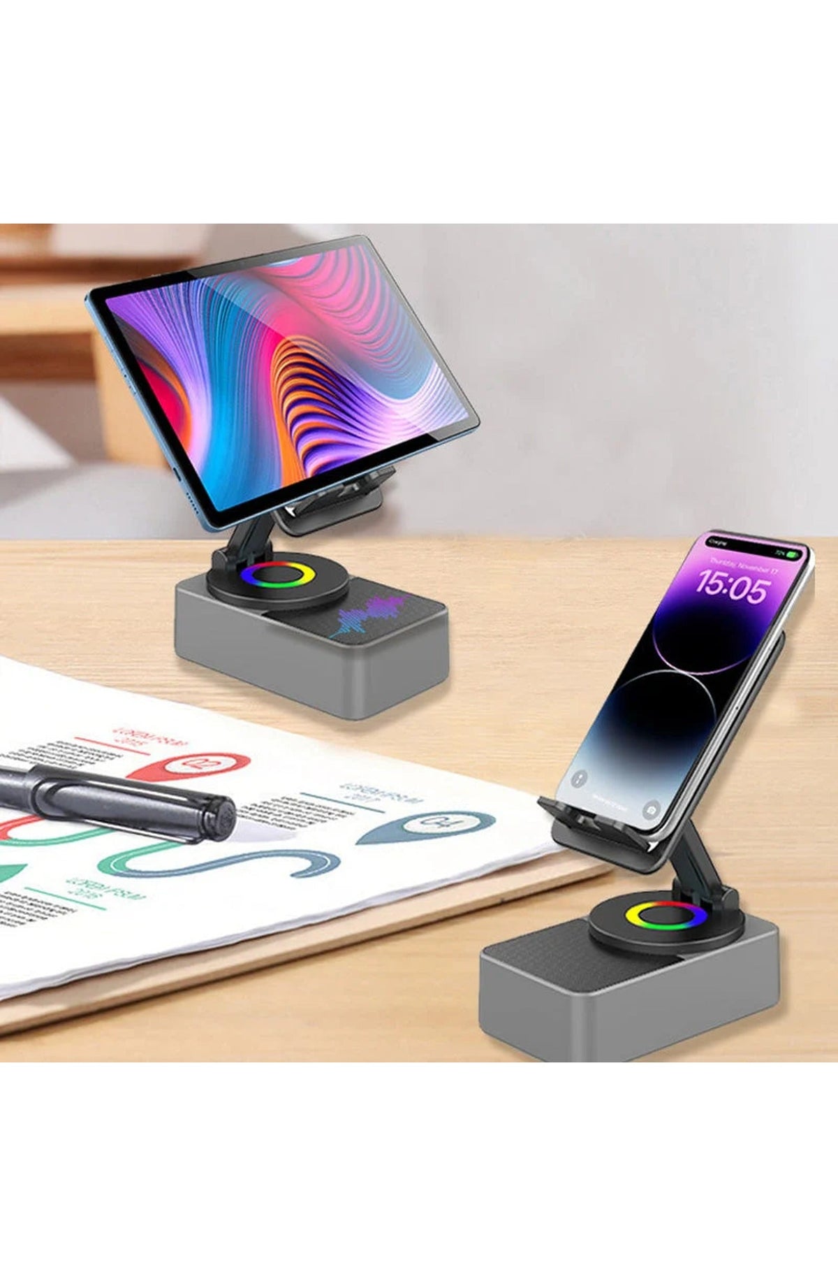 Phone Stand with Bluetooth 5.0 Speaker and Power Bank | 360 Degree Rotating Holder, 1200 mAh for About 5 Hours | Grey or Black