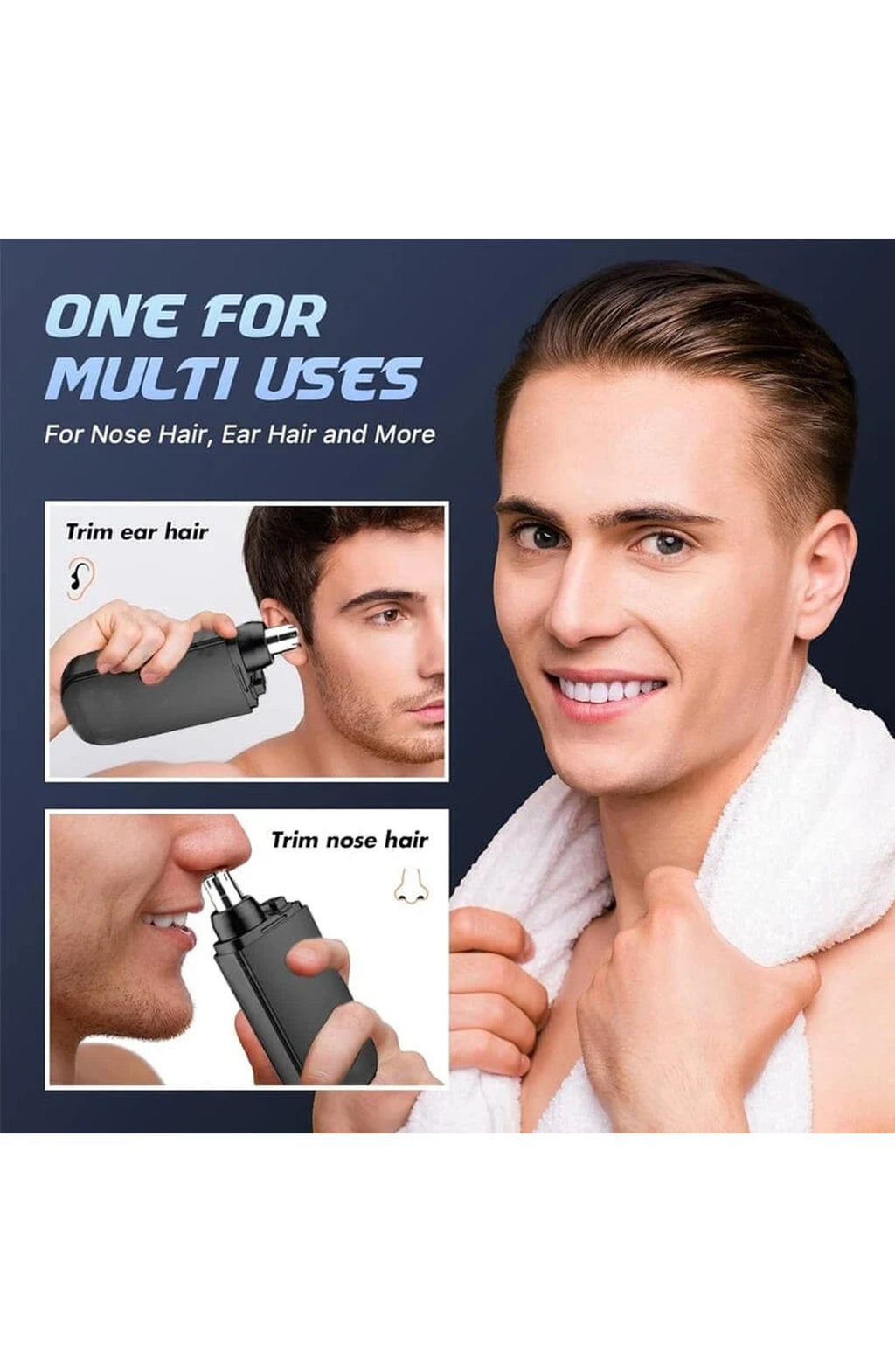 Portable Nose and Ear Hair Trimmer | Waterproof, One-Button Rotary Trimmer with Rounded Head and Protective Cap | Black or Blue