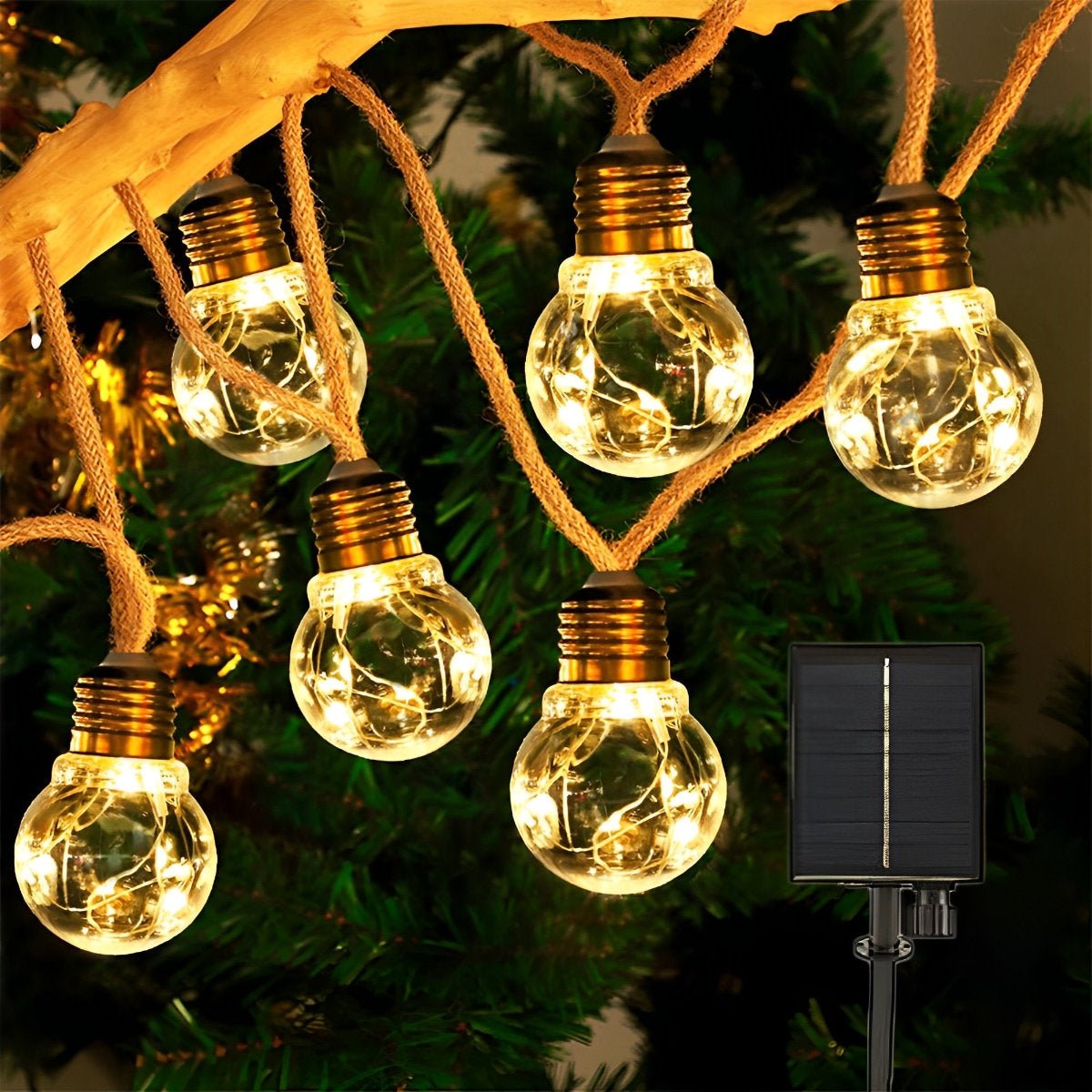 Solar Outdoor String Lights - Hemp Rope, Warm White LED