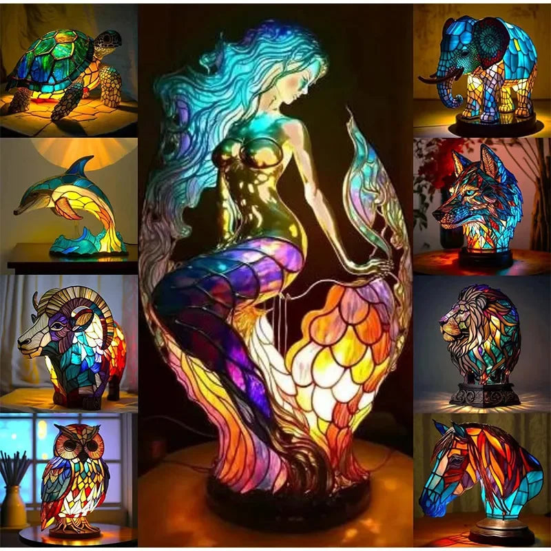 Stained Glass Style Animal Table Lamp - Resin LED Accent Light