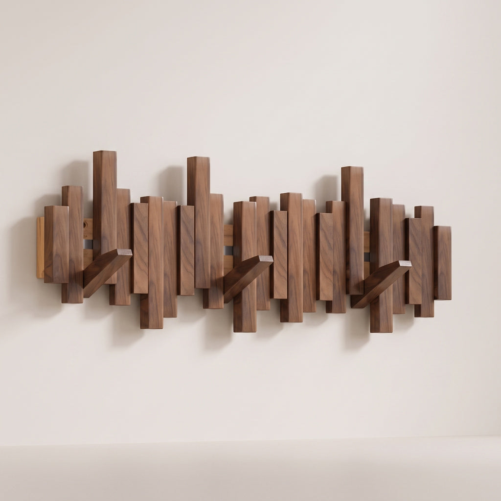 Wall Coat Rack Wooden, Skyline Hooks that Fold Flat – 3 to 8 Hooks