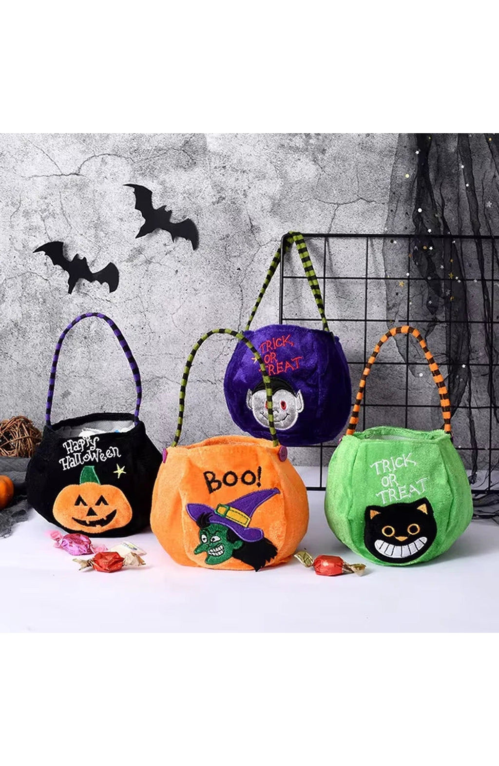 Pumpkin Halloween Treat Bag for Kids | 9.8 x 5.1 In Brushed Cloth with Adjustable Strap and Strong Seams | 4 Colors, Reusable