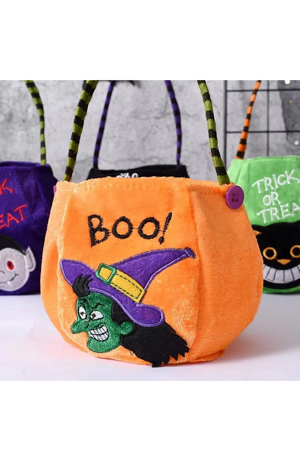 Pumpkin Halloween Treat Bag for Kids | 9.8 x 5.1 In Brushed Cloth with Adjustable Strap and Strong Seams | 4 Colors, Reusable