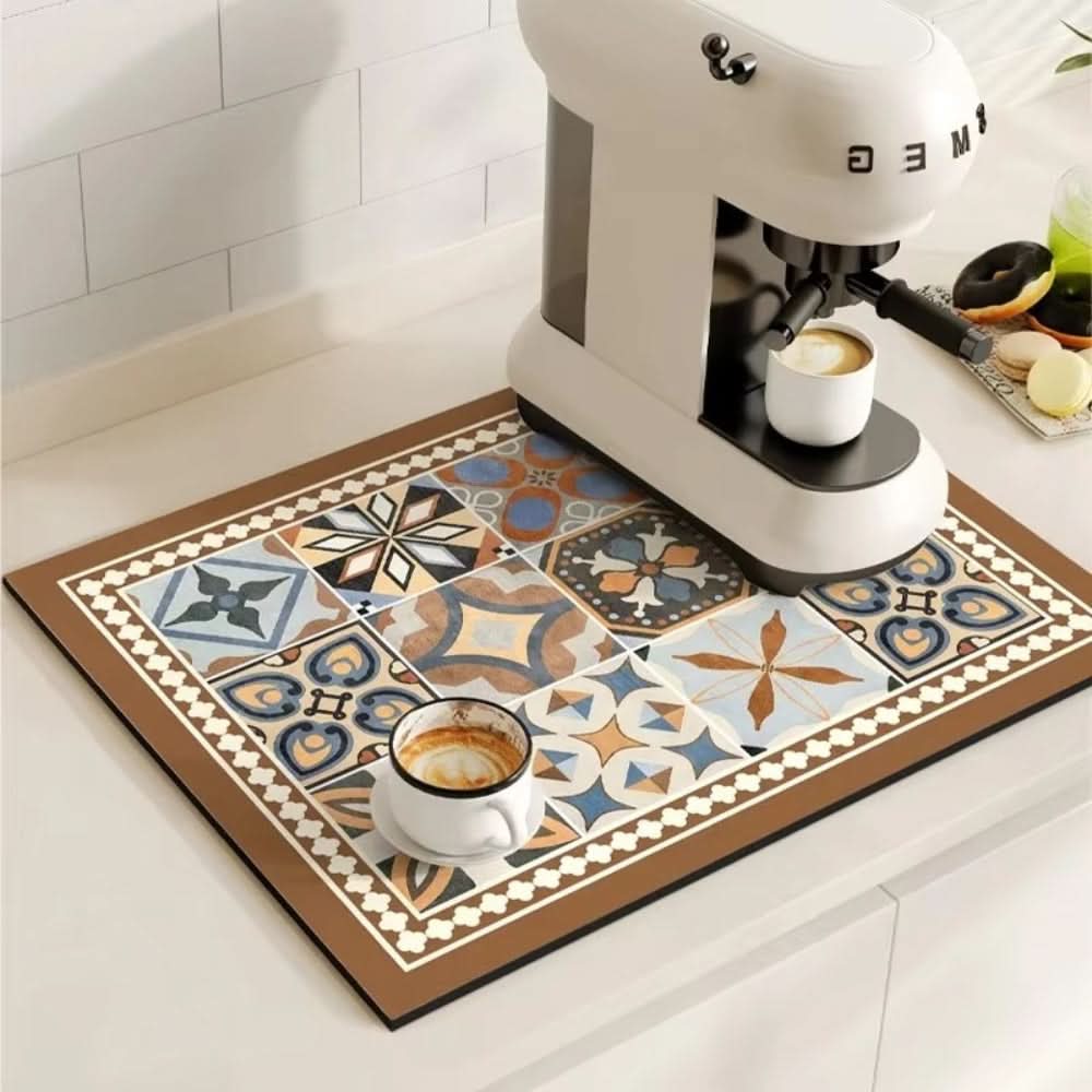 Retro Absorbent Coffee Bar Mat with Non-Slip Rubber Base – Floral Brown