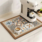 Retro Absorbent Coffee Bar Mat with Non-Slip Rubber Base – Floral Brown