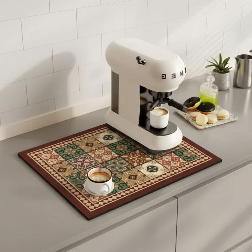 Retro Absorbent Coffee Bar Mat with Non-Slip Rubber Base
