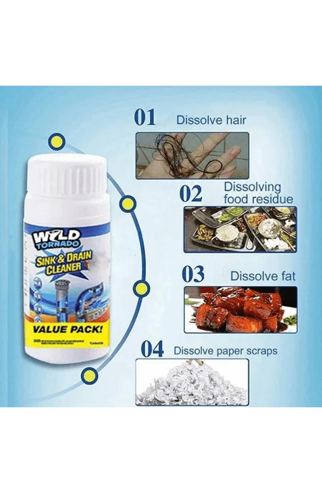 Sink and Drain Cleaner Powder | Foaming Formula Dissolves Grease, Hair, Paper and Soap Build-Up in Kitchen and Bathroom Drains