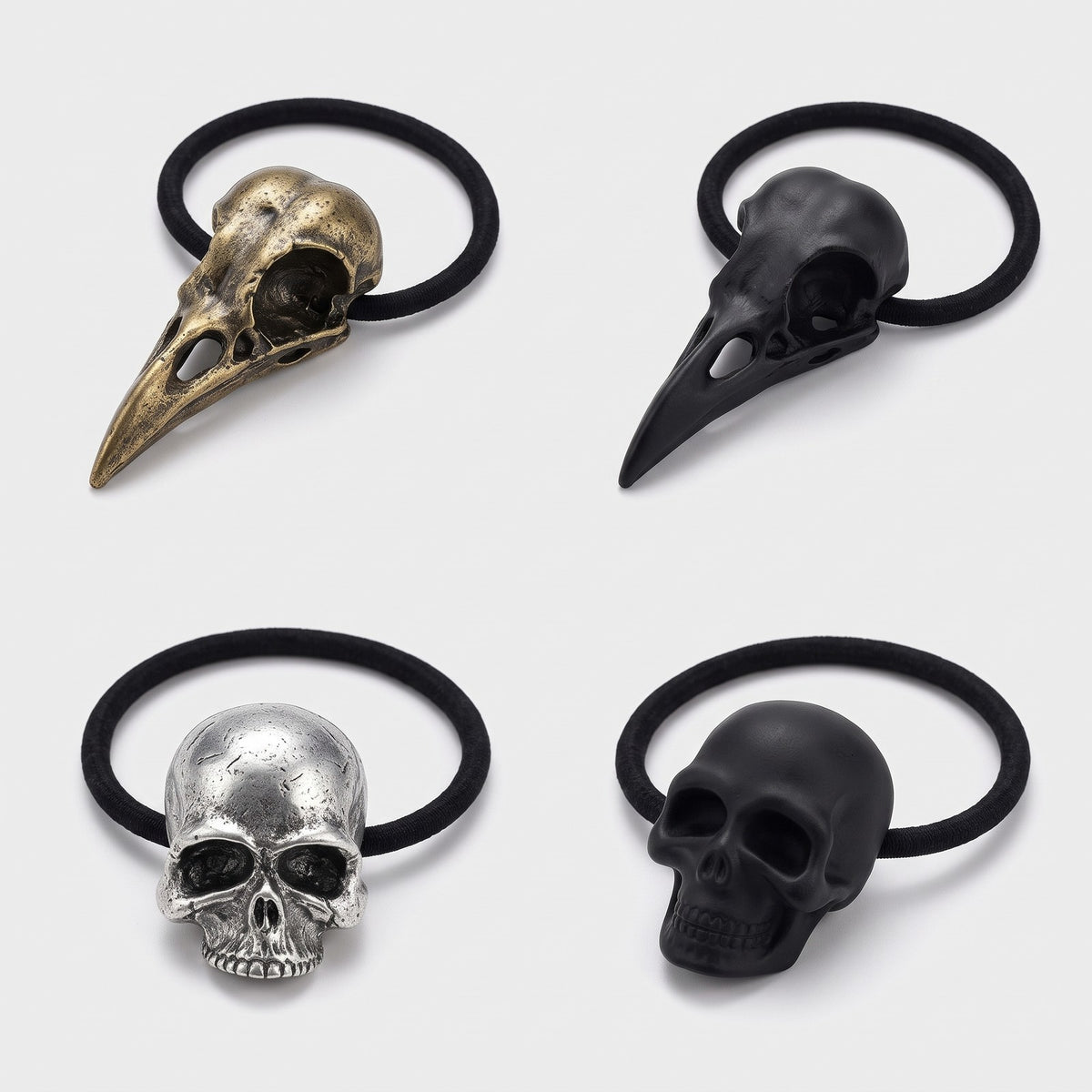 Skull & Crow Hair Ties - Metal Ponytail Holders, Set of 4