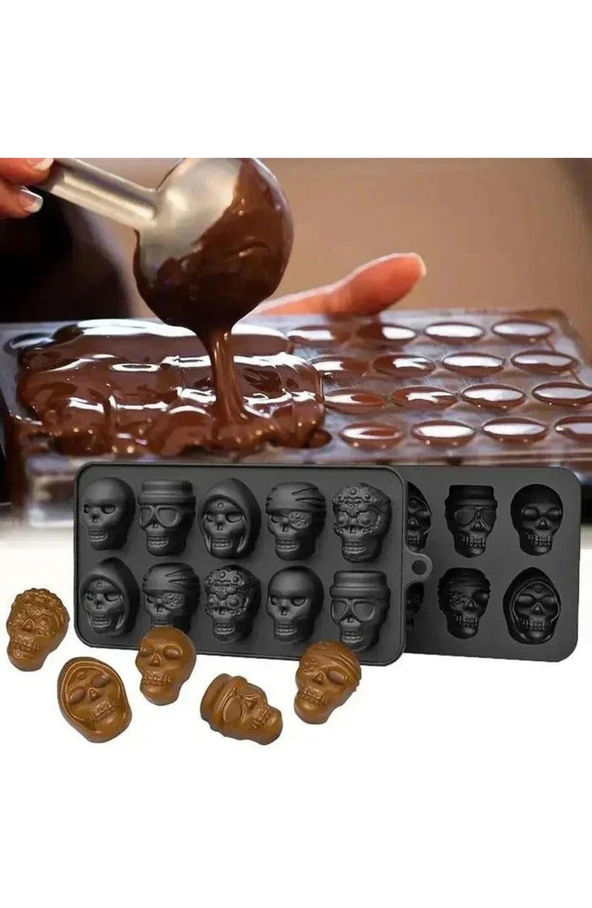 Skull Ice Cube Tray with 10 Molds | 8.7 x 4.3 In Flexible Tray with Clean Release | Dishwasher Safe for Ice, Chocolate or Jelly