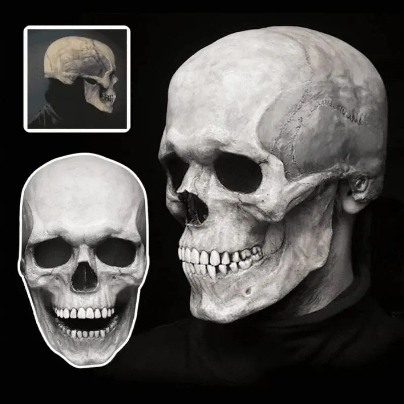Skull Mask with Movable Jaw, Full Head Halloween Mask – Black or White