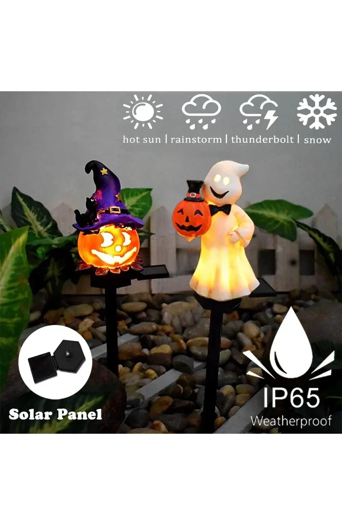 Solar Halloween Yard Light, Pumpkin or Ghost | 16.5 In Stake with Dusk-to-Dawn Sensor and 6 to 8 Hours of Glow | IP44 Waterproof