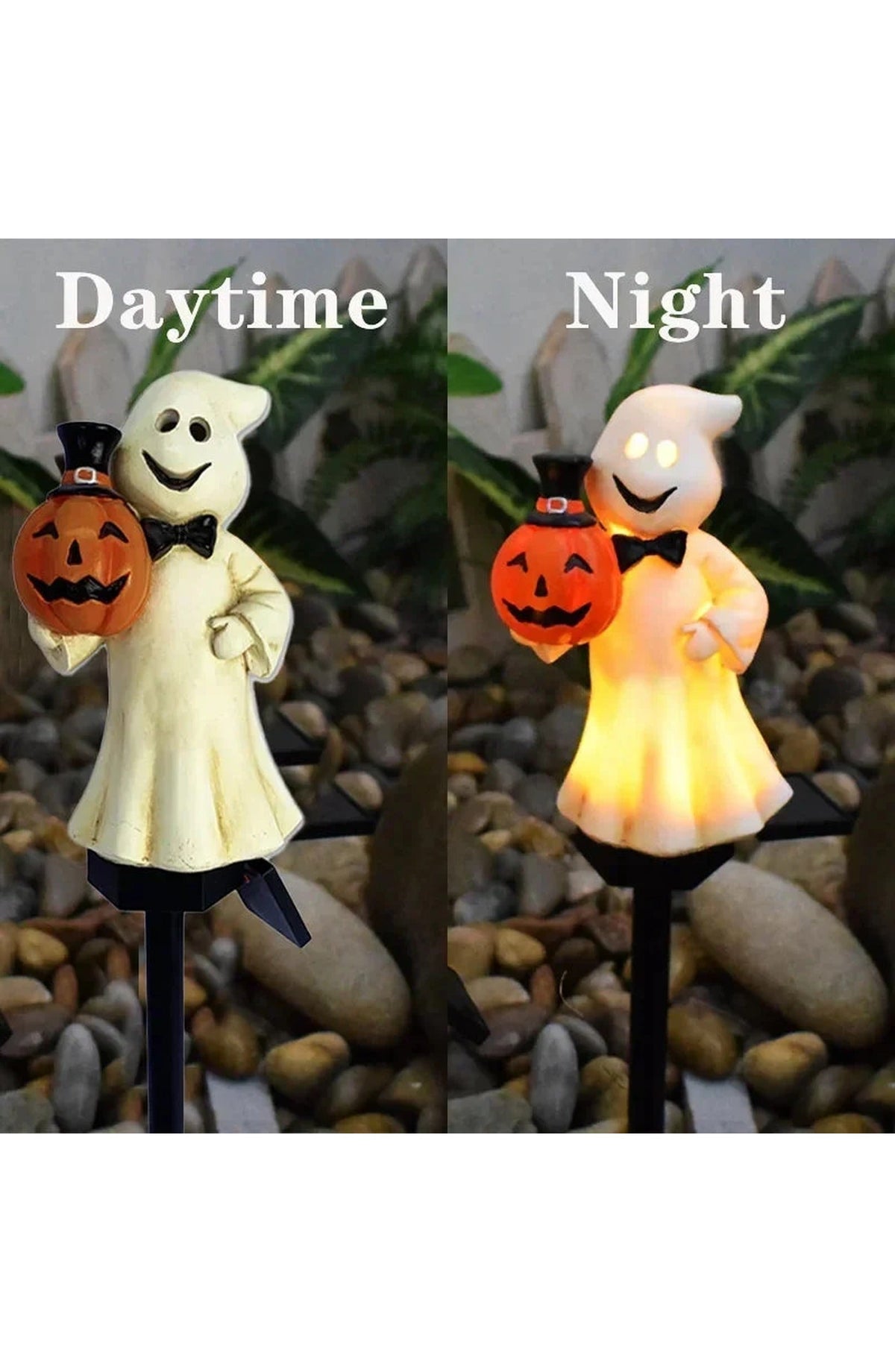 Solar Halloween Yard Light, Pumpkin or Ghost | 16.5 In Stake with Dusk-to-Dawn Sensor and 6 to 8 Hours of Glow | IP44 Waterproof