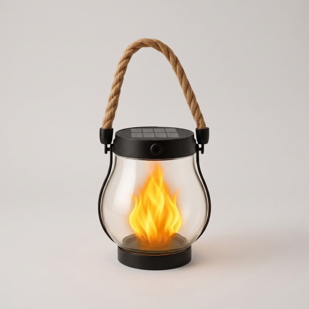 Solar Porch Lantern with Flame Effect - Rope Handle, IP65