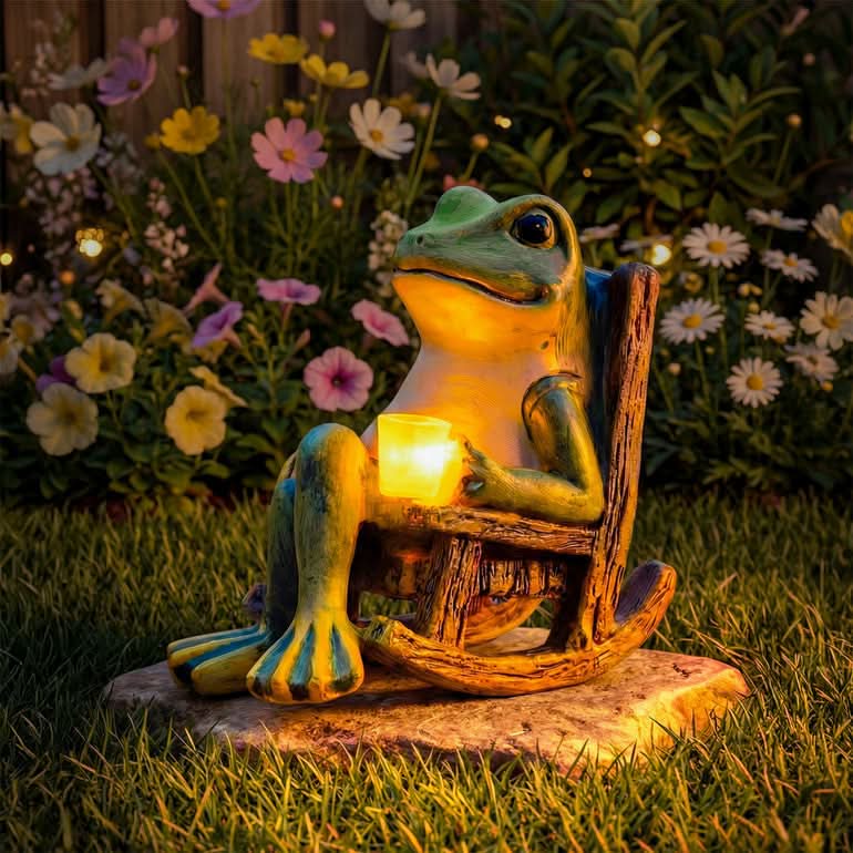Solar Frog Garden Statue, 10 in Resin Frog with Solar Light for Yard