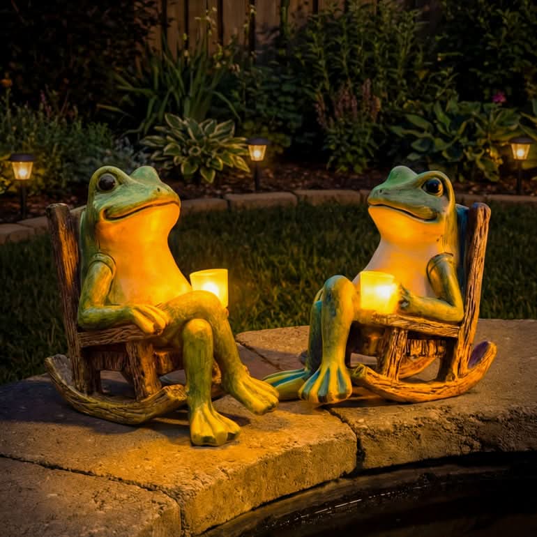 Solar Frog Garden Statue, 10 in Resin Frog with Solar Light for Yard