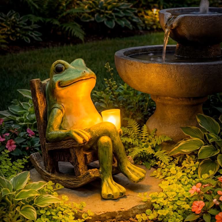 Solar Frog Garden Statue, 10 in Resin Frog with Solar Light for Yard