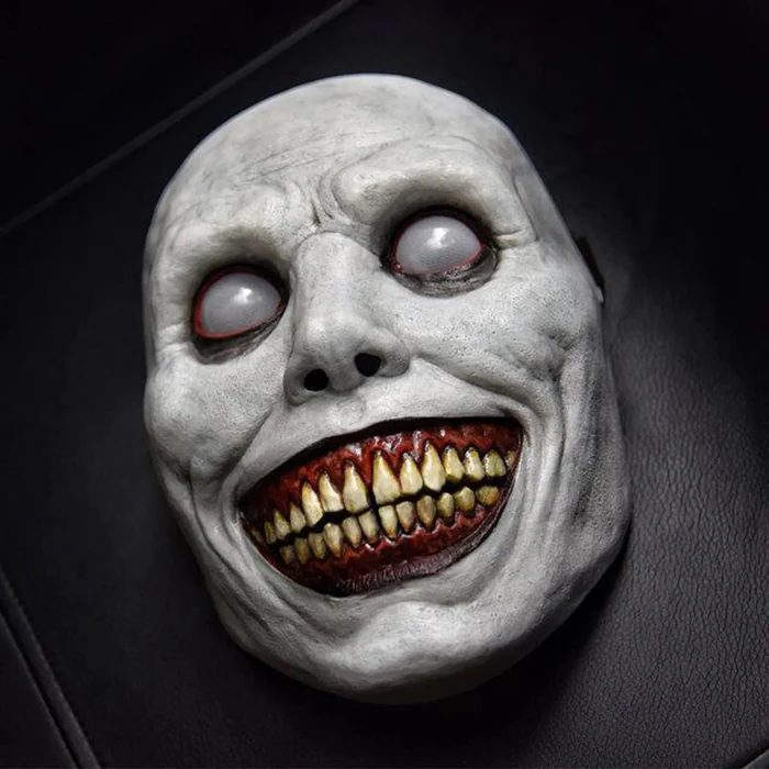 Creepy Smiling Demon Mask - White-Eyed Halloween Face Mask
