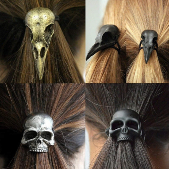 Skull & Crow Hair Ties - Metal Ponytail Holders, Set of 4