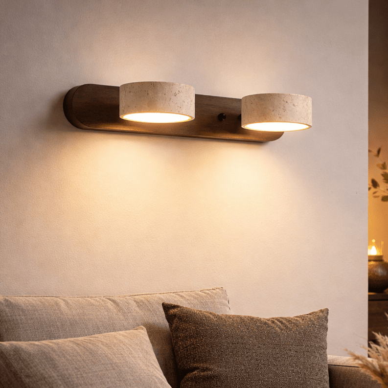 Wall Sconce Travertine and Wood, LED Wall Light with 2 to 4 Bulbs