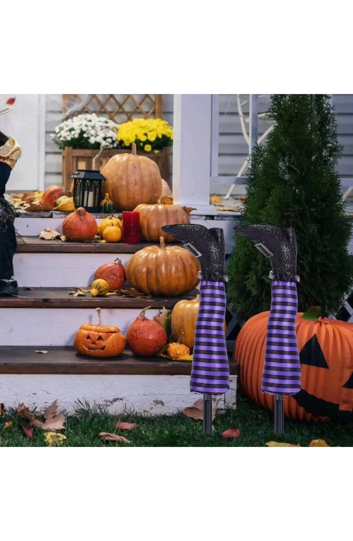 Witch Legs Halloween Yard Stake | Striped Stockings and Pointed Shoes in Purple, White, Red, Orange or Green | Weather Resistant